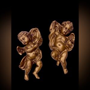 Vintage Gold Cherub Angels Wall Hangings Homco Syroco Home Decor Set of 2